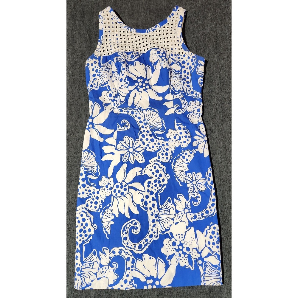 LILLY PULITZER Marianne Seahorse Blue/White Eyelet Shift DRESS resort size 4